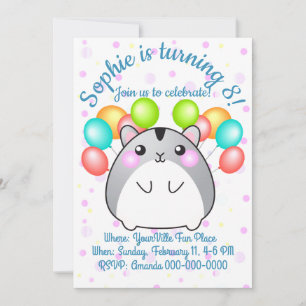 Cute Gray Kawaii Hamster Birthday Invitation