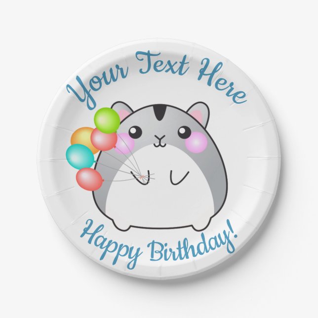 Cute Gray Kawaii Hamster Paper Plates (Front)