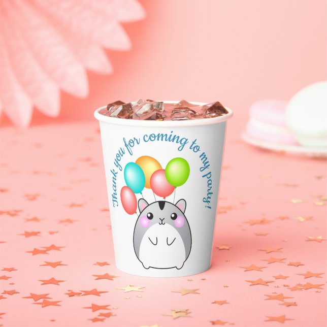 Cute Gray Kawaii Hamster with Balloons Paper cup (Insitu)