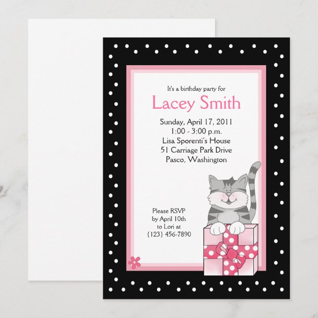 Cute Gray Kitten 5x7 Pink Birthday Invitation (Front/Back)