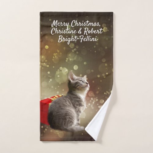 Cute gray Kitten and red box festive custom Xmas Hand Towel