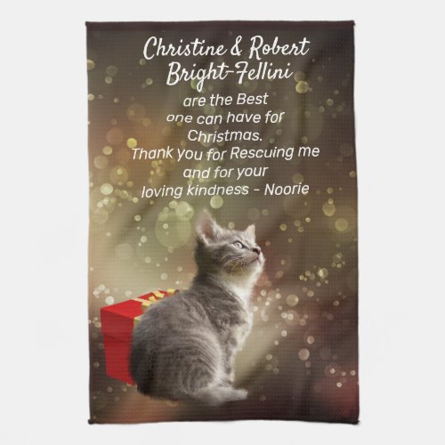 Cute gray Kitten and red box festive custom Xmas Kitchen Towel
