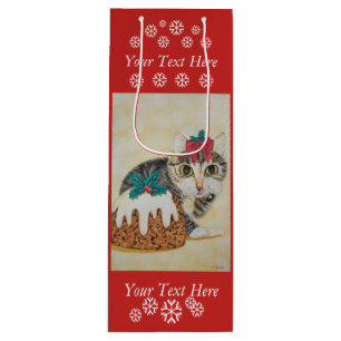 cute gray kitten cat eating pudding for christmas wine gift bag