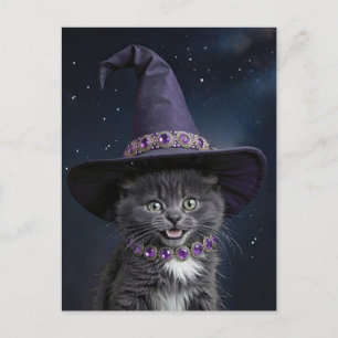 Cute Gray Kitten Cat with Witch Hat Halloween Holiday Postcard