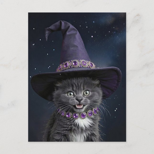 Cute Gray Kitten Cat with Witch Hat Halloween Holiday Postcard (Front)