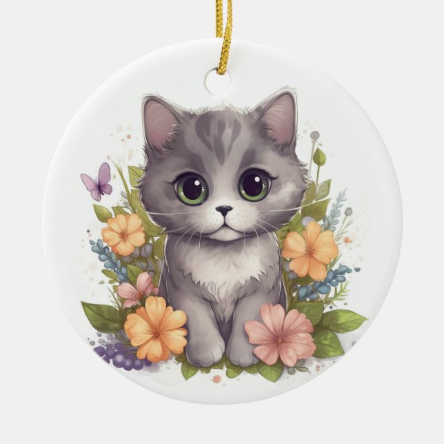 Cute Gray Kitten  Ceramic Ornament (Front)