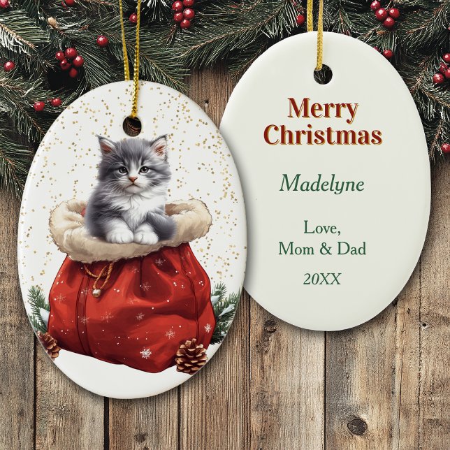 Cute Gray Kitten Christmas Gift Bag Ceramic Ornament (Creator Uploaded)
