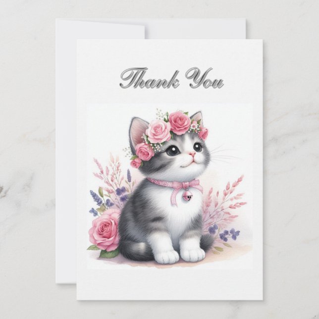 Cute Gray Kitten Girls Birthday Thank You  Note Card (Front)