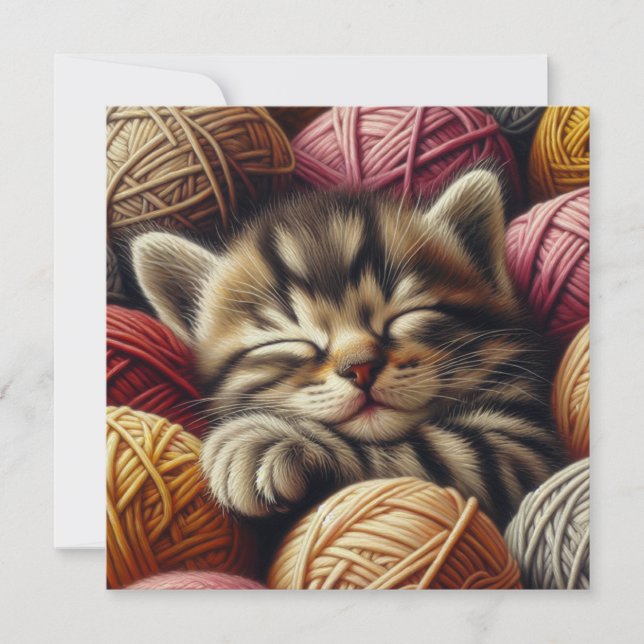 Cute Gray Kitten Napping in Balls of Yarn (Front)