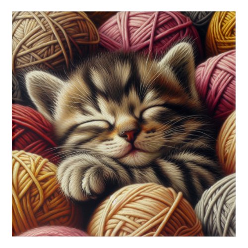 Cute Gray Kitten Napping in Balls of Yarn Acrylic Print
