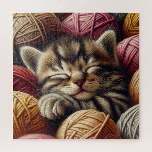 Cute Gray Kitten Napping in Balls of Yarn Jigsaw Puzzle