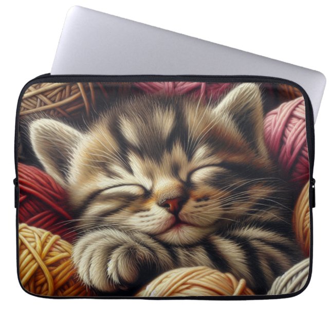 Cute Gray Kitten Napping in Balls of Yarn Laptop Sleeve (Front)