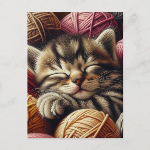 Cute Gray Kitten Napping in Balls of Yarn Postcard