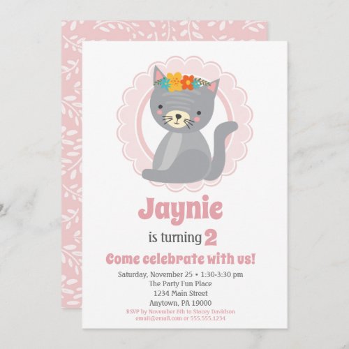 Cute Gray Kitten Pink Girls Birthday Invitation