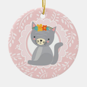 Cute Gray Kitten Pink White Cat Ceramic Ornament