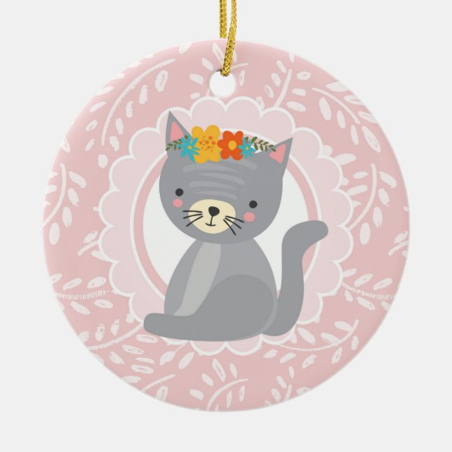 Cute Gray Kitten Pink White Cat Ceramic Ornament (Front)
