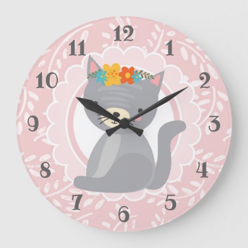 Cute Gray Kitten Pink White Cat Large Clock