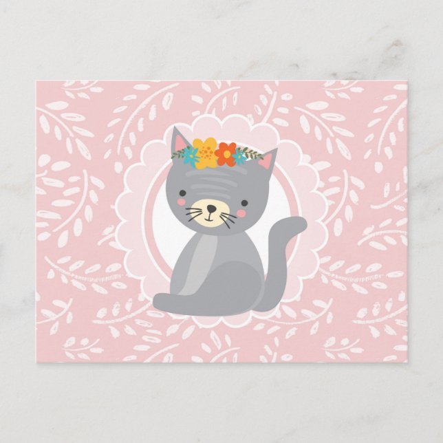 Cute Gray Kitten Pink White Cat Postcard (Front)