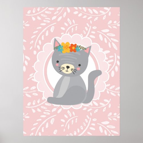 Cute Gray Kitten Pink White Cat Poster