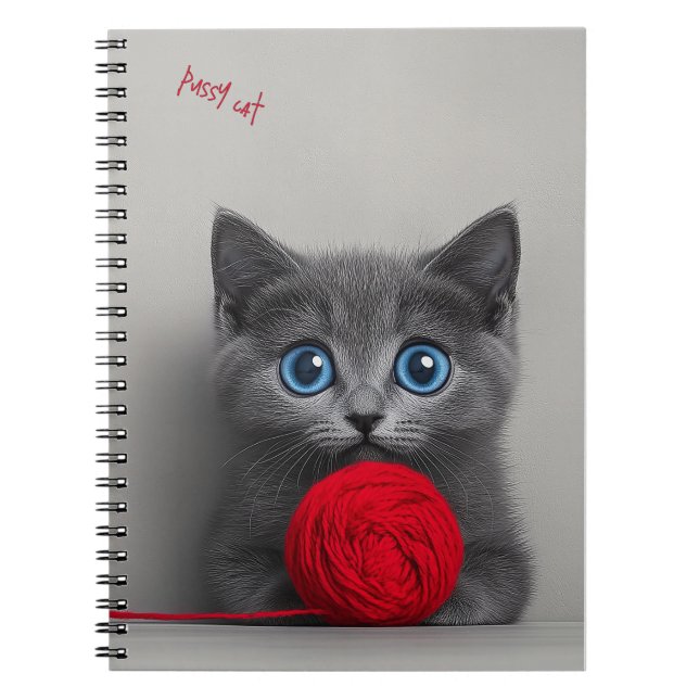 Cute Gray Kitten Playing with Red Wool Ball Notebook (Front)