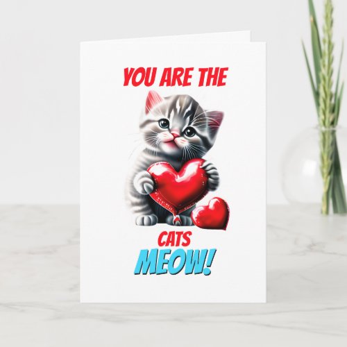 Cute gray kitten red heart cats meouw romantic pun holiday card