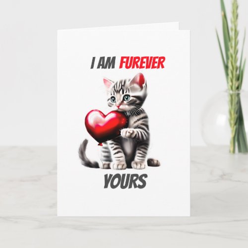 Cute gray kitten red heart furever yours cat pun holiday card