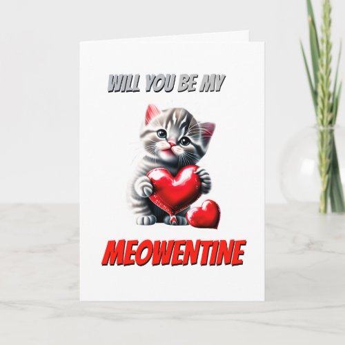Cute gray kitten red heart meowentine valentine  holiday card
