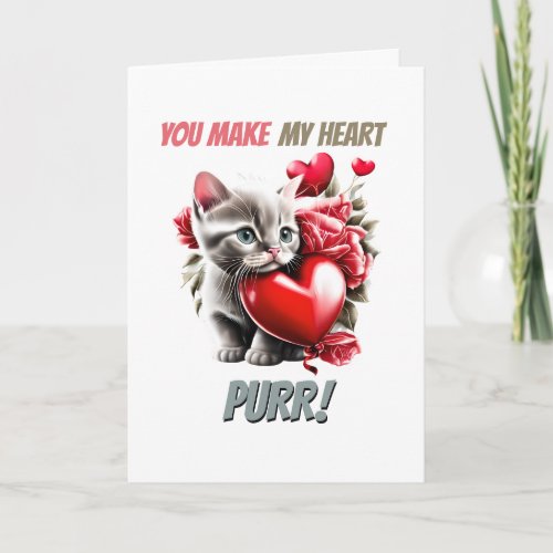 Cute gray kitten red heart my heart purr cat lover holiday card