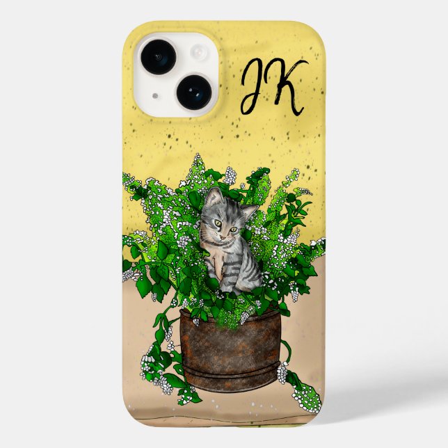Cute Gray Kitten sitting in a Pot of Catnip Case-Mate iPhone Case (Back)