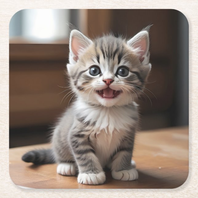 Cute Gray Kitten Smiling Coaster Set (Front)