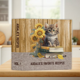 Cute Gray Kitten Sunflowers Burlap Recipe 3 Ring Binder