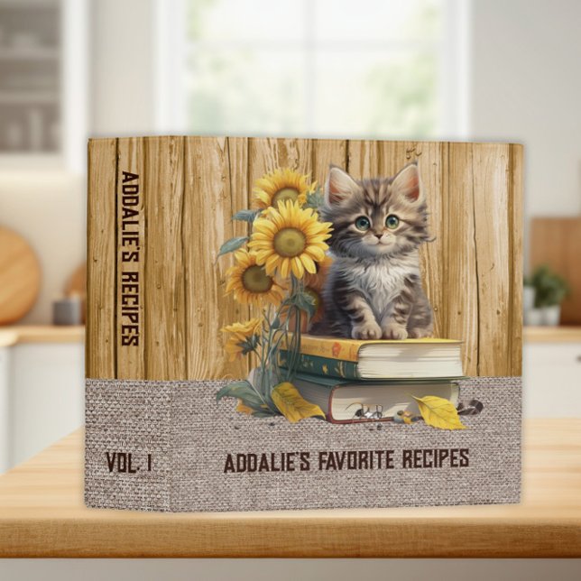 Cute Gray Kitten Sunflowers Burlap Recipe 3 Ring Binder (Cute cat and sunflowers family recipe binder.)