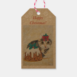 cute gray kitten tabbt cat dressed for christmas gift tags