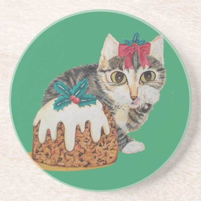 cute gray kitten tabby cat dressed for christmas drink coaster (Front)
