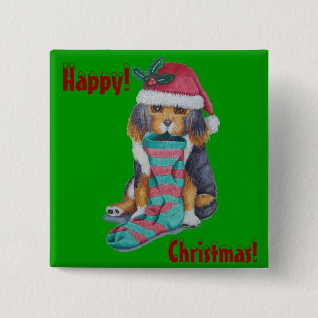 cute gray kitten tabby cat dressed for christmas pinback button (Front)