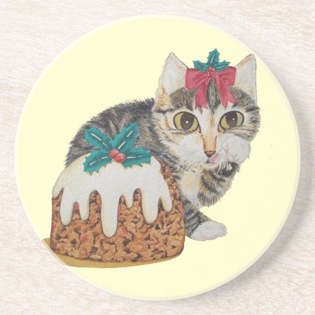 cute gray kitten tabby cat dressed for christmas sandstone coaster (Front)
