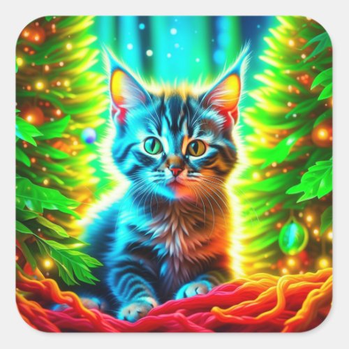 Cute Gray Kitten with Christmas Trees Square Sticker