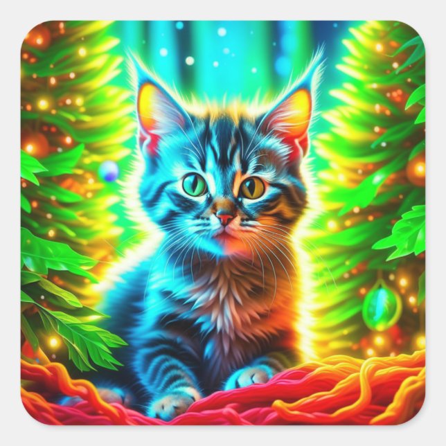 Cute Gray Kitten with Christmas Trees Square Sticker (Front)