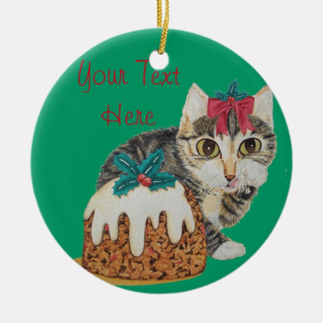 cute gray kitten with red bow tabby cat christmas ceramic ornament (Front)
