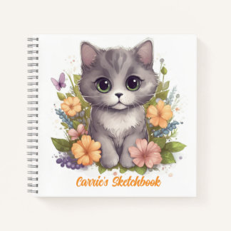 Cute Gray Kitten with Spring Flowers Notebook