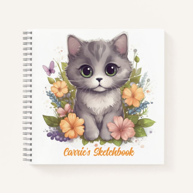 Cute Gray Kitten with Spring Flowers Notebook (Front)