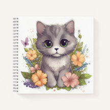 Cute Gray Kitten with Spring Flowers