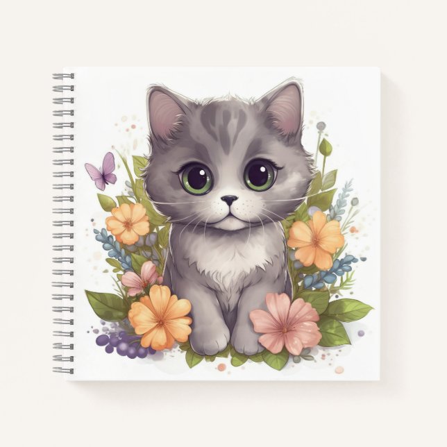 Cute Gray Kitten with Spring Flowers Notebook (Front)