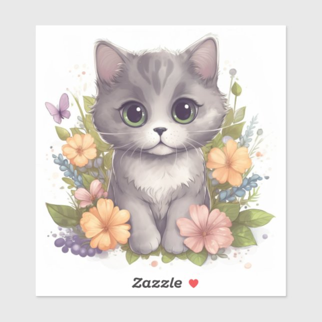 Cute Gray Kitten with Spring Flowers Sticker (Sheet)