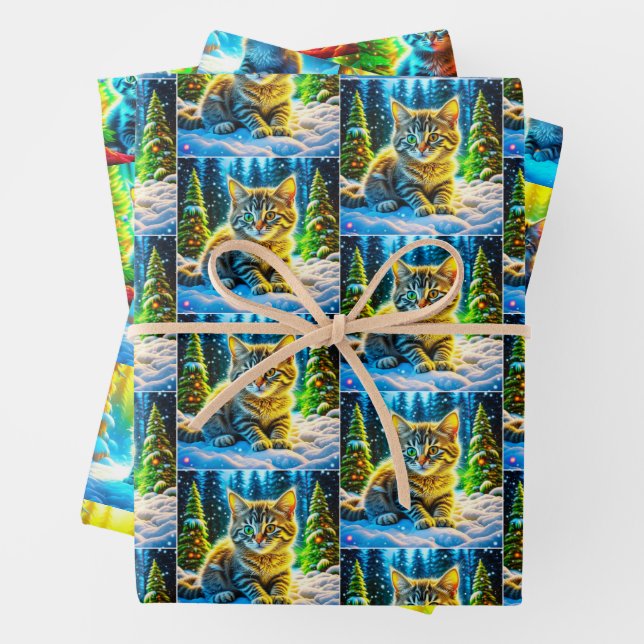 Cute Gray Kittens in the Snow Christmas Wrapping Paper Sheets (In situ)