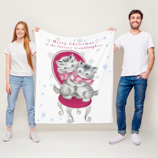 Cute Gray Kittens Pink Bow Christmas Snowflakes Fleece Blanket (In Situ)