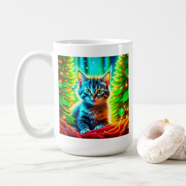 Cute Gray Kittens with Christmas Trees Coffee Mug (With Donut)