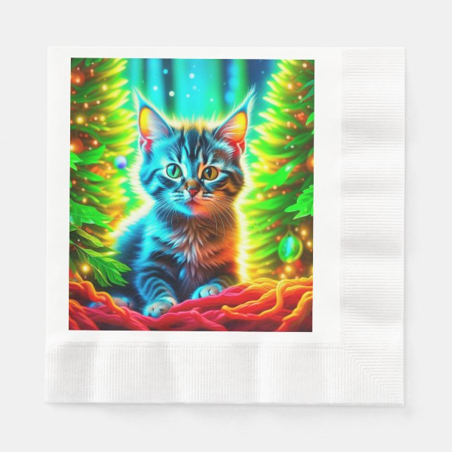 Cute Gray Kittens with Christmas Trees Napkins (Front)