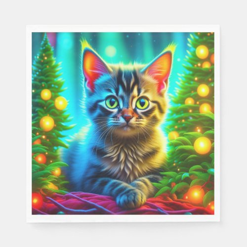 Cute Gray Kittens with Christmas Trees Napkins