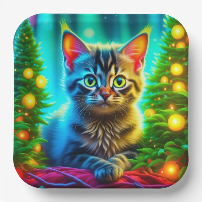 Cute Gray Kittens with Christmas Trees Paper Plates (Front)